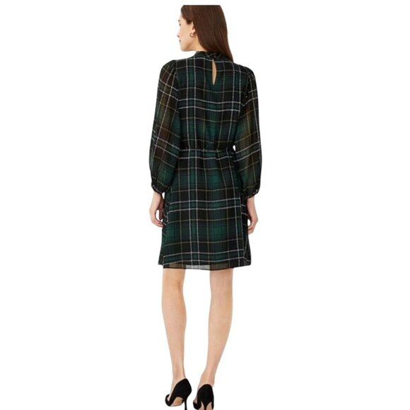 Ann Taylor Green Black Plaid Pintuck Long Balloon Sleeve A Line Dress Size M - Picture 4 of 9